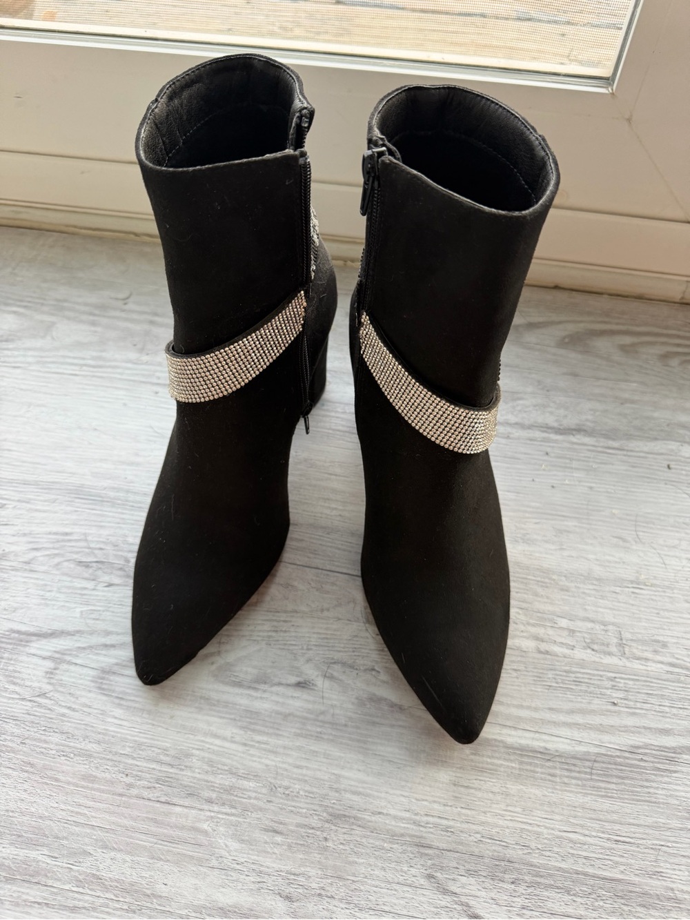 Promise Black Suede Pointed Ankle Boots with Rhinestone Wrap